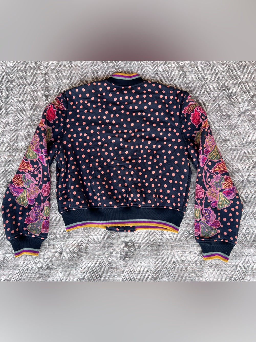 Blink London Bomber Jacket XS Floral Polka Dot Fleece Lined Black Multicolor - Picture 6 of 7